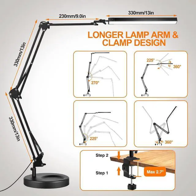 Alt view image 5 of 7 - NOEVSBIG LED Desk Lamp with Clamp and Round Base, 24W 102 LED Eye Caring Table Lamp with 50.7" Upgrade Long Swing Arm,3 Color Modes 10 Brightness Levels, Memory Function Desk Light for Home Office