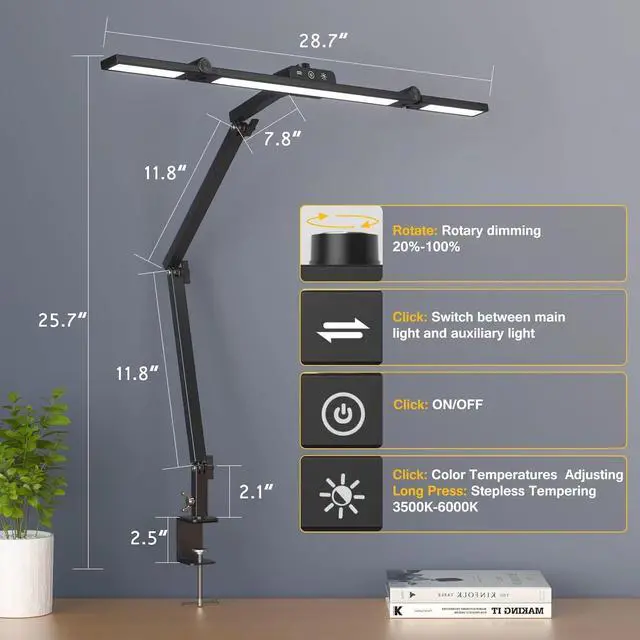 Alt view image 6 of 6 - Led Desk Lamp for Office Home, Architect Desk Lamp with Clamp, Ultra Bright Dimmable Table Light, Stepless Dimming and Tempering Desk Light for Workbench Drafting Reading Study (Black)