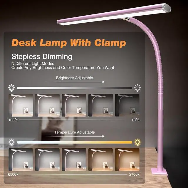 Alt view image 2 of 6 - LED Desk Lamp for Office Home, Eye-Caring Desk Light with Stepless Dimming Adjustable Flexible Gooseneck, 10W USB Adapter Desk Lamp with Clamp for Reading, Study, Workbench (Pink)