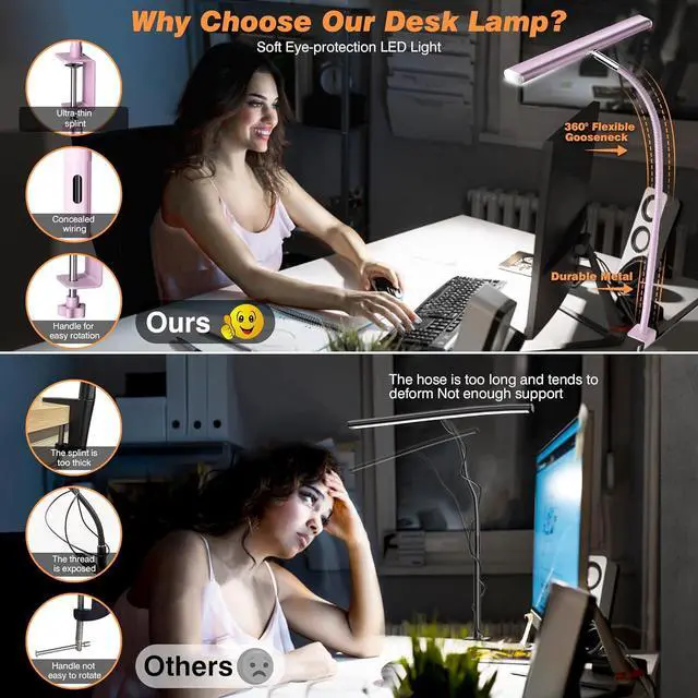 Alt view image 4 of 6 - LED Desk Lamp for Office Home, Eye-Caring Desk Light with Stepless Dimming Adjustable Flexible Gooseneck, 10W USB Adapter Desk Lamp with Clamp for Reading, Study, Workbench (Pink)