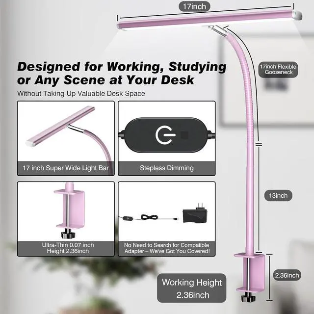 Alt view image 3 of 6 - LED Desk Lamp for Office Home, Eye-Caring Desk Light with Stepless Dimming Adjustable Flexible Gooseneck, 10W USB Adapter Desk Lamp with Clamp for Reading, Study, Workbench (Pink)