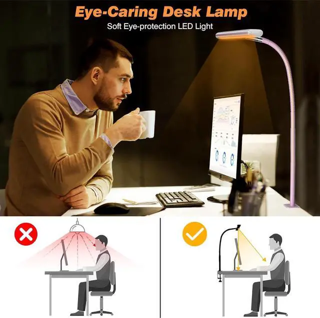 Alt view image 6 of 6 - LED Desk Lamp for Office Home, Eye-Caring Desk Light with Stepless Dimming Adjustable Flexible Gooseneck, 10W USB Adapter Desk Lamp with Clamp for Reading, Study, Workbench (Pink)