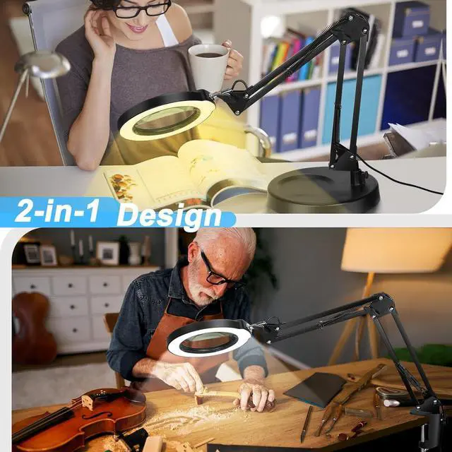 Alt view image 4 of 7 - 10X Magnifying Glass with Light and Stand, 5 Color Modes Stepless Dimmable 2-in-1 Lighted Magnifier with Clamp, LED Desk Lamp Hands Free for Craft Hobby Reading Painting Sewing Close Work