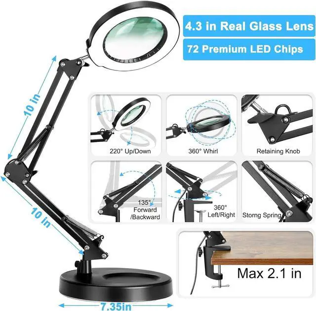 Alt view image 6 of 7 - 10X Magnifying Glass with Light and Stand, 5 Color Modes Stepless Dimmable 2-in-1 Lighted Magnifier with Clamp, LED Desk Lamp Hands Free for Craft Hobby Reading Painting Sewing Close Work