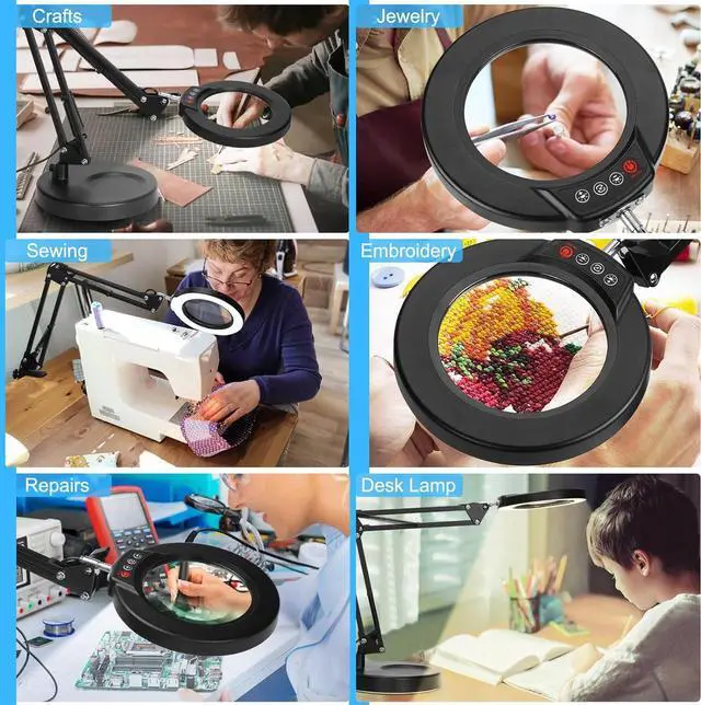 Alt view image 7 of 7 - 10X Magnifying Glass with Light and Stand, 5 Color Modes Stepless Dimmable 2-in-1 Lighted Magnifier with Clamp, LED Desk Lamp Hands Free for Craft Hobby Reading Painting Sewing Close Work
