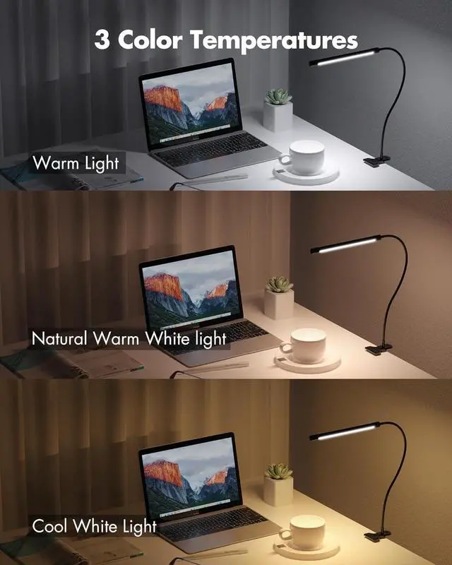 Alt view image 2 of 6 - Clip on Light for Bed, Eye Protection Reading Light, 3 Colors & 10 Brightness Book Light, Flexible Gooseneck Clamp Lamp for Desk, Bed Headboard and Piano