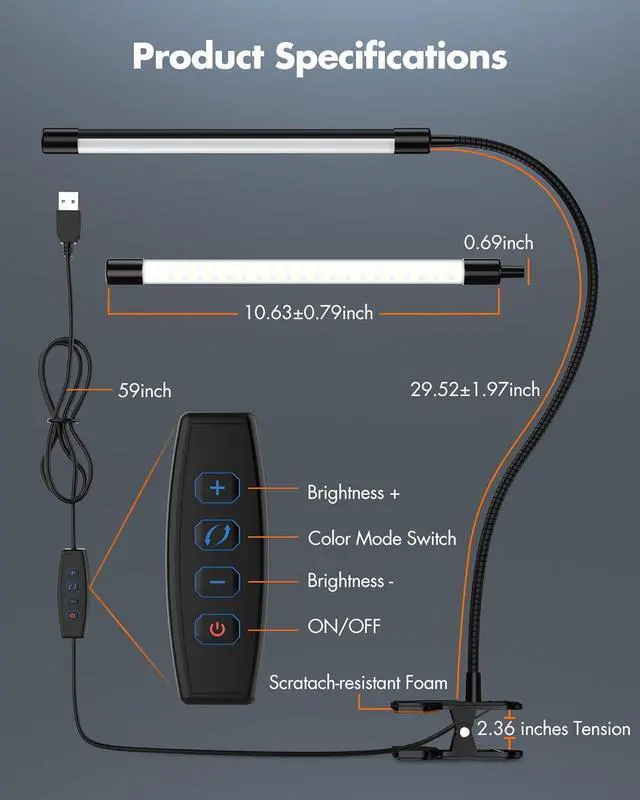 Alt view image 6 of 6 - Clip on Light for Bed, Eye Protection Reading Light, 3 Colors & 10 Brightness Book Light, Flexible Gooseneck Clamp Lamp for Desk, Bed Headboard and Piano