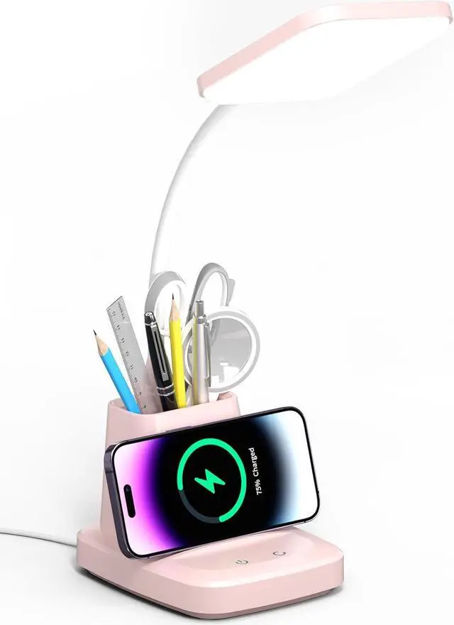 Main image of Desk Lamps for Home Office, LED Desk Lamp with Wireless Charger Pencil Holder, 3 Color Modes Dimming Desk Light for College Dorm Room, Girls Study Lamp with CRI 90+ 800 Lumen - Pink