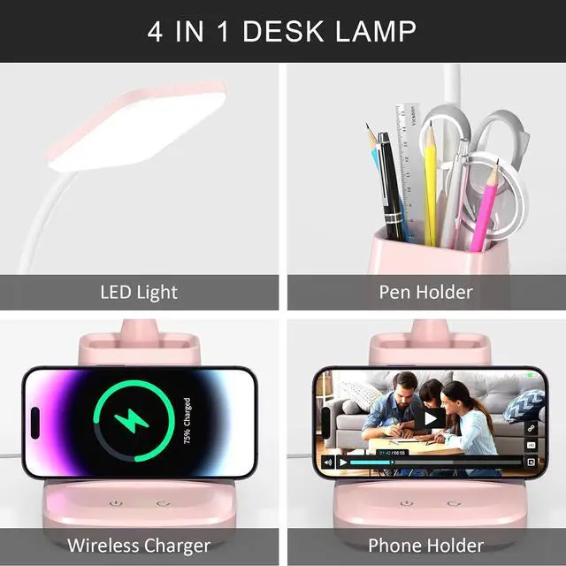 Alt view image 2 of 7 - Desk Lamps for Home Office, LED Desk Lamp with Wireless Charger Pencil Holder, 3 Color Modes Dimming Desk Light for College Dorm Room, Girls Study Lamp with CRI 90+ 800 Lumen - Pink