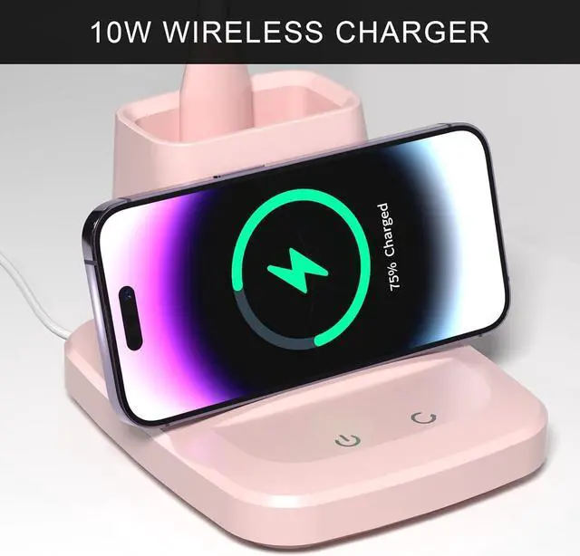Alt view image 3 of 7 - Desk Lamps for Home Office, LED Desk Lamp with Wireless Charger Pencil Holder, 3 Color Modes Dimming Desk Light for College Dorm Room, Girls Study Lamp with CRI 90+ 800 Lumen - Pink