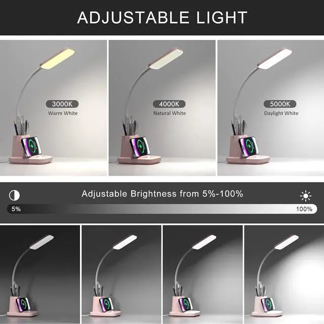 Alt view image 4 of 7 - Desk Lamps for Home Office, LED Desk Lamp with Wireless Charger Pencil Holder, 3 Color Modes Dimming Desk Light for College Dorm Room, Girls Study Lamp with CRI 90+ 800 Lumen - Pink