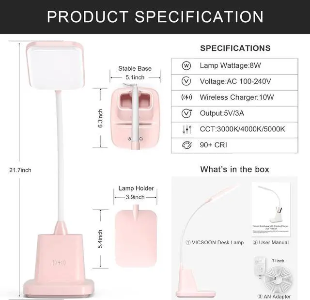 Alt view image 7 of 7 - Desk Lamps for Home Office, LED Desk Lamp with Wireless Charger Pencil Holder, 3 Color Modes Dimming Desk Light for College Dorm Room, Girls Study Lamp with CRI 90+ 800 Lumen - Pink