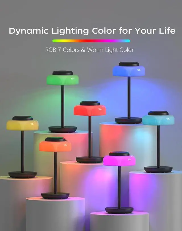 Alt view image 3 of 7 - QiMH Battery Operated LED Table Lamp, 5000mAh Cordless Desk Lamp with 3 Level Brightness Touch Control, Mini Rechargeable Night Light for Living Room, Bedroom, Outdoor bar (Black-RGB)