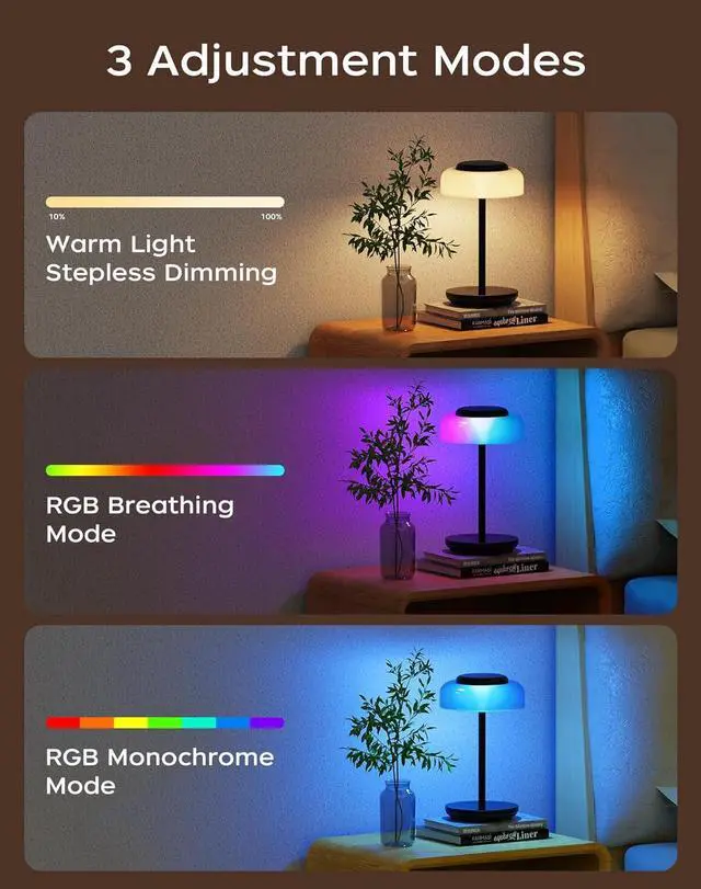 Alt view image 4 of 7 - QiMH Battery Operated LED Table Lamp, 5000mAh Cordless Desk Lamp with 3 Level Brightness Touch Control, Mini Rechargeable Night Light for Living Room, Bedroom, Outdoor bar (Black-RGB)