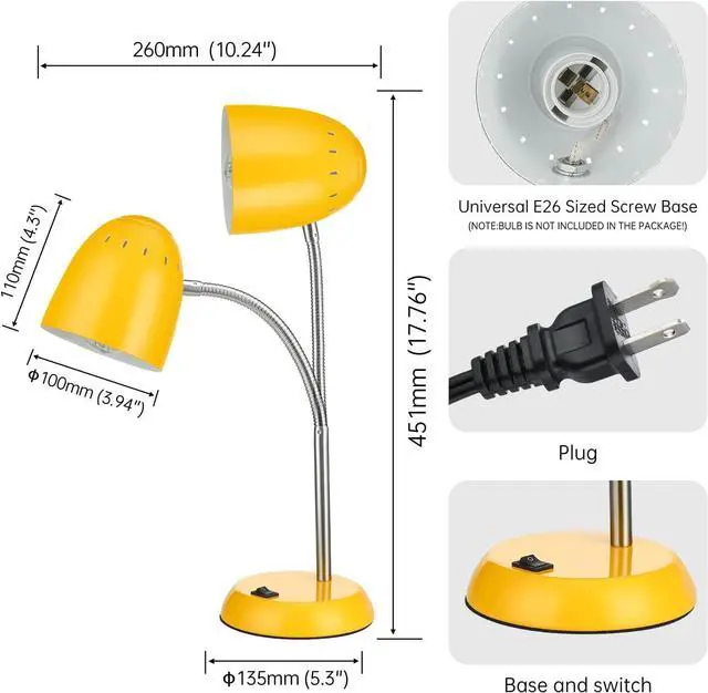 Alt view image 2 of 6 - Eye-Caring Table Lamp of Simple Designs Home E26 Led Screw Basic Metal Desk Lamp with Flexible Gooseneck Hose Neck Study Lamp for Bedroom Office Living Room Convenient On/Off Switch(Yellow)