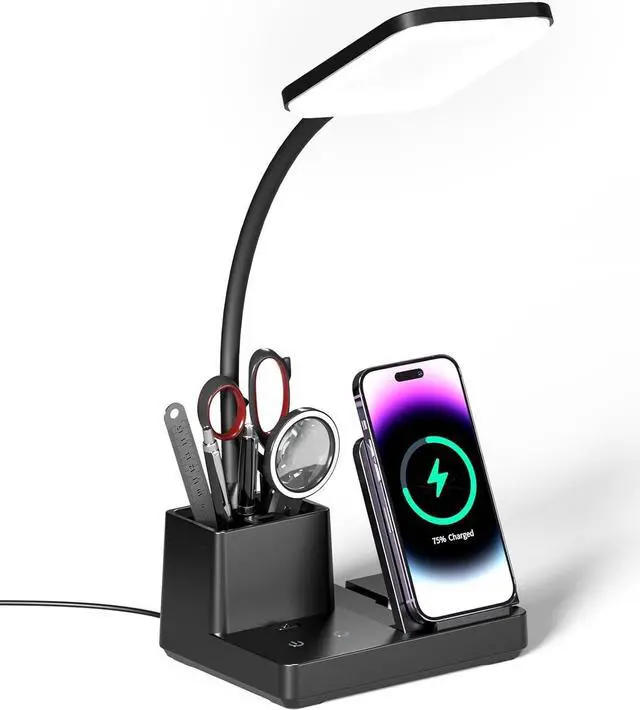 Main image of Desk Lamp with Wireless Charger USB Charging Port, Eye-Caring Desk Lamp for Home Office with Pen Holder, Dimmable Table Lamps 3 Color Modes