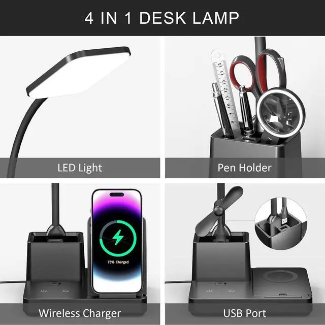 Alt view image 2 of 7 - Desk Lamp with Wireless Charger USB Charging Port, Eye-Caring Desk Lamp for Home Office with Pen Holder, Dimmable Table Lamps 3 Color Modes