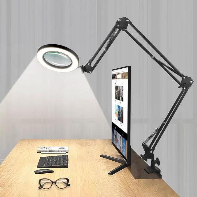Main image of Magnifying Glass Desk Lamp with 3-Section Swing Arm and Big Clamp, Magnifying Glass with Light and Clamp, 8X Wide Desk Magnifier Light for Reading/Office/Soldering/Nail Beauty