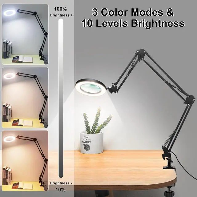 Alt view image 4 of 6 - Magnifying Glass Desk Lamp with 3-Section Swing Arm and Big Clamp, Magnifying Glass with Light and Clamp, 8X Wide Desk Magnifier Light for Reading/Office/Soldering/Nail Beauty