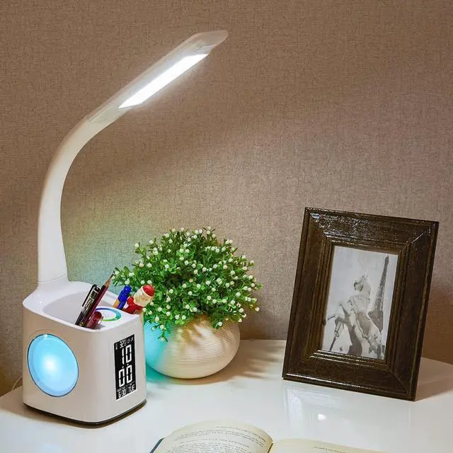 Alt view image 4 of 6 - LED Desk Lamp with Clock,Color Changing Nightlight,Study Lamp with Pen Holder,Desk Light with USB Charger,Table Light for Home,Office,Bedroom,Gift for Kids,Students,Women,White