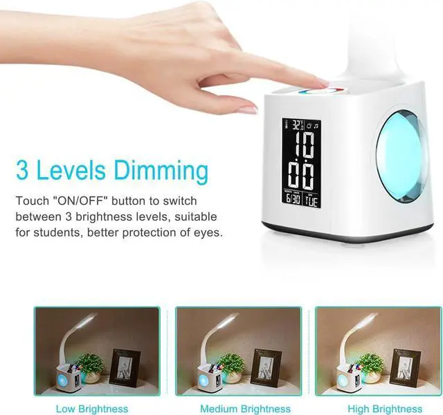 Alt view image 5 of 6 - LED Desk Lamp with Clock,Color Changing Nightlight,Study Lamp with Pen Holder,Desk Light with USB Charger,Table Light for Home,Office,Bedroom,Gift for Kids,Students,Women,White