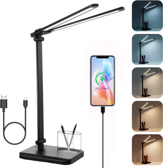 Main image of LED Desk Lamp for Home Office - Dual Swing Arm Desk Light with USB Charging Port,Eye-Caring Foldable 5 Color Modes 10 Brightness Levels Dimmable Desk Lamp for College Dorm Room (Black)