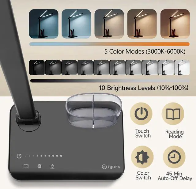 Alt view image 2 of 7 - LED Desk Lamp for Home Office - Dual Swing Arm Desk Light with USB Charging Port,Eye-Caring Foldable 5 Color Modes 10 Brightness Levels Dimmable Desk Lamp for College Dorm Room (Black)