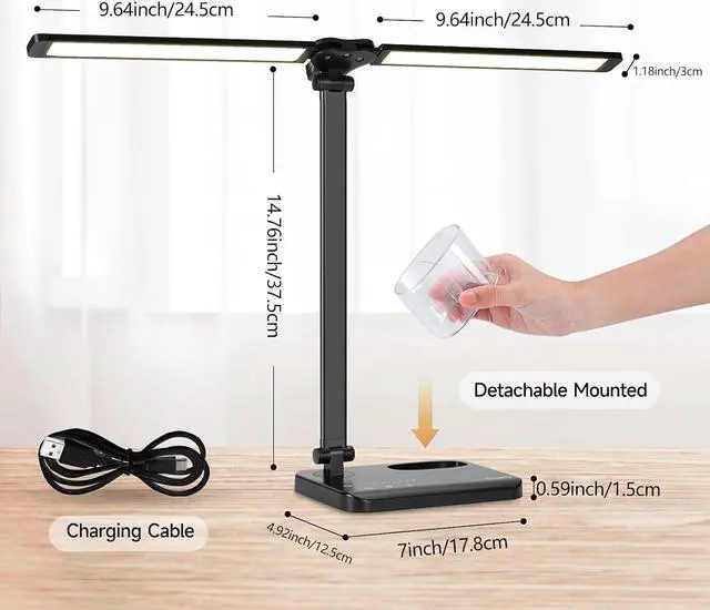 Alt view image 3 of 7 - LED Desk Lamp for Home Office - Dual Swing Arm Desk Light with USB Charging Port,Eye-Caring Foldable 5 Color Modes 10 Brightness Levels Dimmable Desk Lamp for College Dorm Room (Black)
