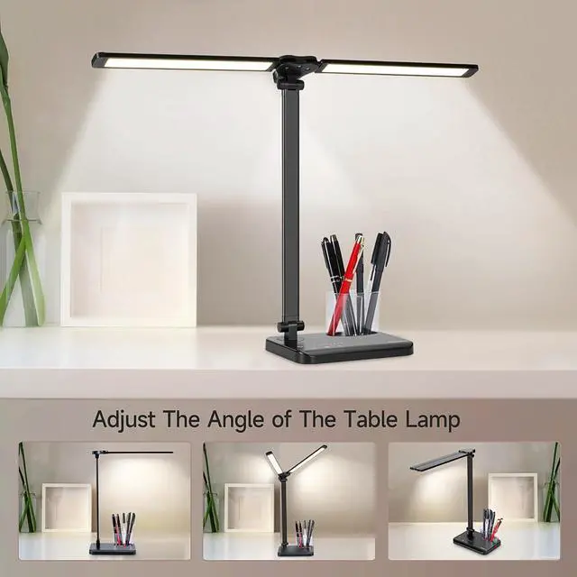 Alt view image 4 of 7 - LED Desk Lamp for Home Office - Dual Swing Arm Desk Light with USB Charging Port,Eye-Caring Foldable 5 Color Modes 10 Brightness Levels Dimmable Desk Lamp for College Dorm Room (Black)