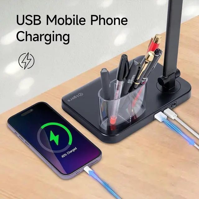 Alt view image 5 of 7 - LED Desk Lamp for Home Office - Dual Swing Arm Desk Light with USB Charging Port,Eye-Caring Foldable 5 Color Modes 10 Brightness Levels Dimmable Desk Lamp for College Dorm Room (Black)