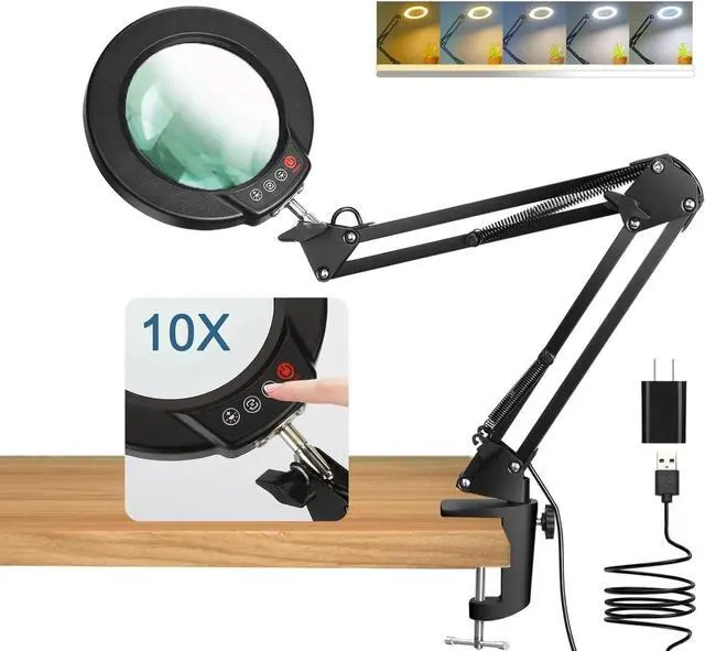 Main image of 10X Magnifying Glass with Light and Clamp, Real Glass Stand Lighted Magnifier, 5 Color Modes Stepless Dimmable LED Magnifying Desk Lamp Hands Free for Craft Hobby Reading Painting Sewing Close Work