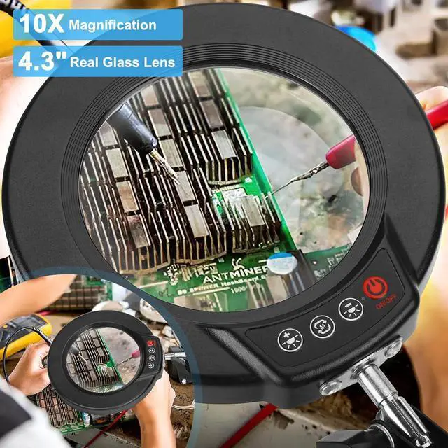 Alt view image 2 of 7 - 10X Magnifying Glass with Light and Clamp, Real Glass Stand Lighted Magnifier, 5 Color Modes Stepless Dimmable LED Magnifying Desk Lamp Hands Free for Craft Hobby Reading Painting Sewing Close Work