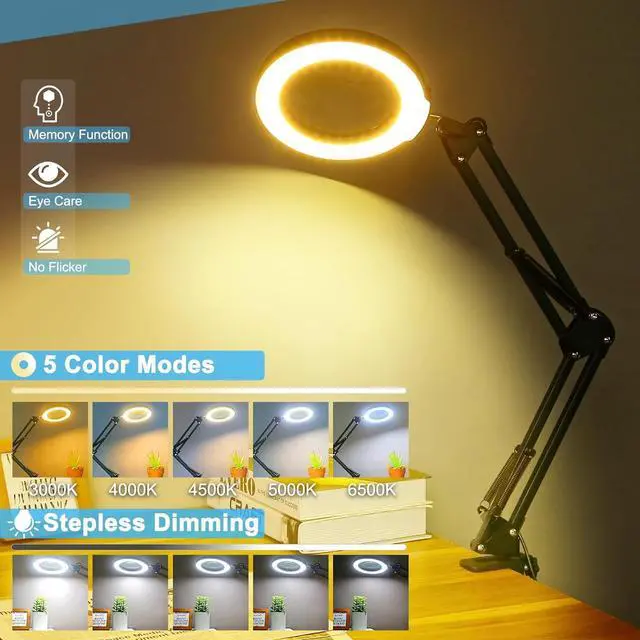 Alt view image 4 of 7 - 10X Magnifying Glass with Light and Clamp, Real Glass Stand Lighted Magnifier, 5 Color Modes Stepless Dimmable LED Magnifying Desk Lamp Hands Free for Craft Hobby Reading Painting Sewing Close Work