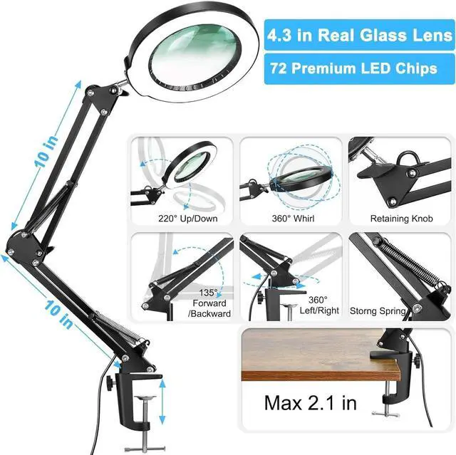 Alt view image 5 of 7 - 10X Magnifying Glass with Light and Clamp, Real Glass Stand Lighted Magnifier, 5 Color Modes Stepless Dimmable LED Magnifying Desk Lamp Hands Free for Craft Hobby Reading Painting Sewing Close Work