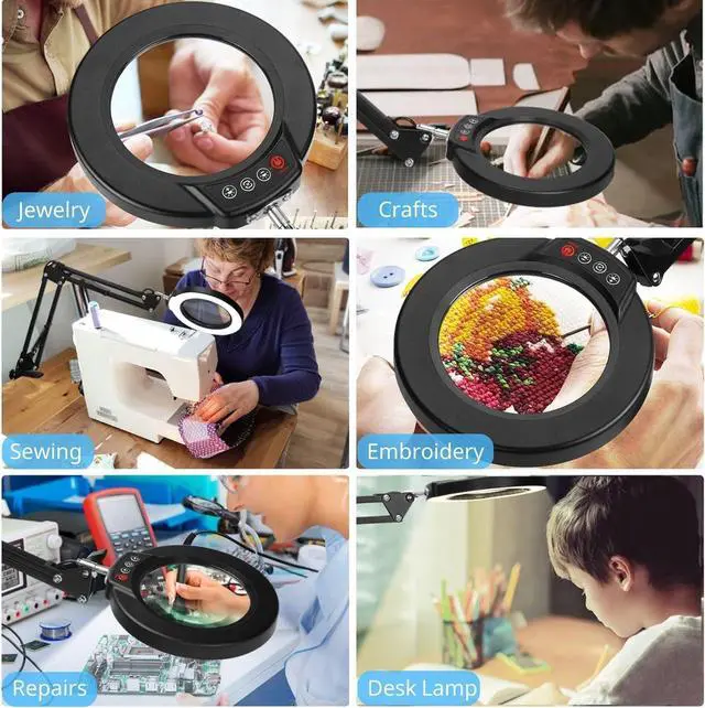 Alt view image 7 of 7 - 10X Magnifying Glass with Light and Clamp, Real Glass Stand Lighted Magnifier, 5 Color Modes Stepless Dimmable LED Magnifying Desk Lamp Hands Free for Craft Hobby Reading Painting Sewing Close Work