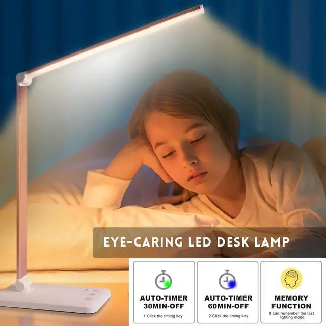 Alt view image 6 of 7 - Led Desk Lamp, Desk Lamp with USB Charging Port, 5 Color Modes, 10 Brightness, Natural Light, Eye Caring Reading Lamp, Desk Light for Home Office, Table Lamp, Touch Control, Auto-Timer, Pink