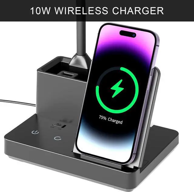 Alt view image 3 of 7 - Desk Lamp with Wireless Charger USB Charging Port, Eye-Caring Desk Lamp for Home Office with Pen Holder, Dimmable Table Lamps 3 Color Modes