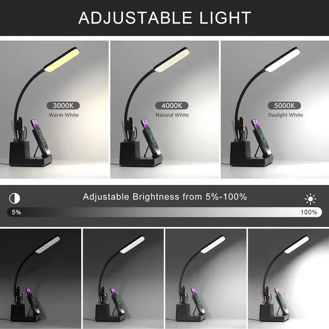 Alt view image 4 of 7 - Desk Lamp with Wireless Charger USB Charging Port, Eye-Caring Desk Lamp for Home Office with Pen Holder, Dimmable Table Lamps 3 Color Modes