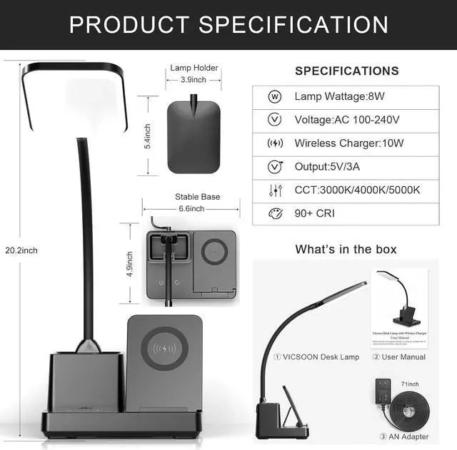 Alt view image 6 of 7 - Desk Lamp with Wireless Charger USB Charging Port, Eye-Caring Desk Lamp for Home Office with Pen Holder, Dimmable Table Lamps 3 Color Modes