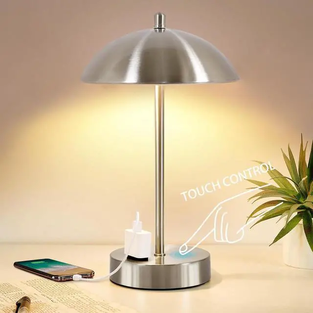 Main image of Modern Desk Lamp with AC Adapter, 3-Way Dimmable Touch Bedside Reading Lamp, Minimalist Silver Small Nightstand Table Lamp with Mushroom Dome Shade for Bedroom Living Room Office, Bulb Included