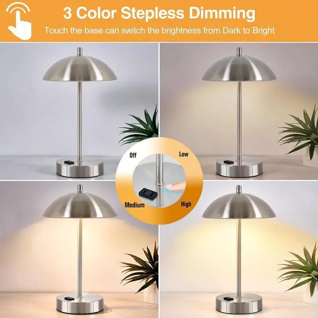 Alt view image 2 of 7 - Modern Desk Lamp with AC Adapter, 3-Way Dimmable Touch Bedside Reading Lamp, Minimalist Silver Small Nightstand Table Lamp with Mushroom Dome Shade for Bedroom Living Room Office, Bulb Included