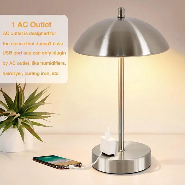 Alt view image 3 of 7 - Modern Desk Lamp with AC Adapter, 3-Way Dimmable Touch Bedside Reading Lamp, Minimalist Silver Small Nightstand Table Lamp with Mushroom Dome Shade for Bedroom Living Room Office, Bulb Included