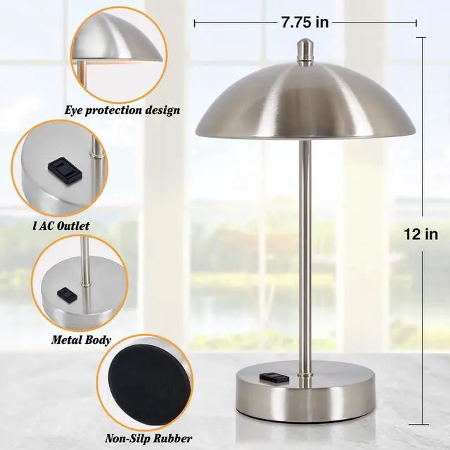 Alt view image 4 of 7 - Modern Desk Lamp with AC Adapter, 3-Way Dimmable Touch Bedside Reading Lamp, Minimalist Silver Small Nightstand Table Lamp with Mushroom Dome Shade for Bedroom Living Room Office, Bulb Included