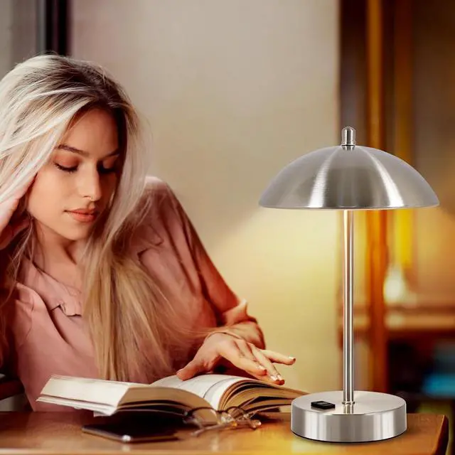 Alt view image 5 of 7 - Modern Desk Lamp with AC Adapter, 3-Way Dimmable Touch Bedside Reading Lamp, Minimalist Silver Small Nightstand Table Lamp with Mushroom Dome Shade for Bedroom Living Room Office, Bulb Included