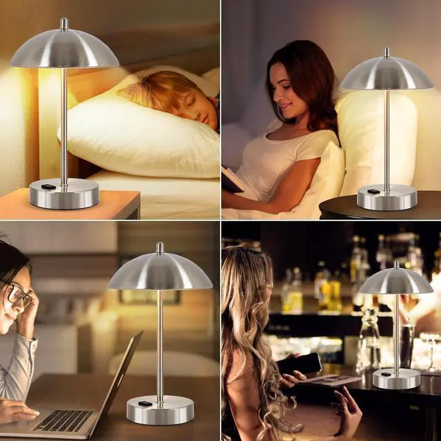 Alt view image 6 of 7 - Modern Desk Lamp with AC Adapter, 3-Way Dimmable Touch Bedside Reading Lamp, Minimalist Silver Small Nightstand Table Lamp with Mushroom Dome Shade for Bedroom Living Room Office, Bulb Included