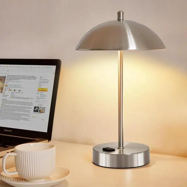 Alt view image 7 of 7 - Modern Desk Lamp with AC Adapter, 3-Way Dimmable Touch Bedside Reading Lamp, Minimalist Silver Small Nightstand Table Lamp with Mushroom Dome Shade for Bedroom Living Room Office, Bulb Included