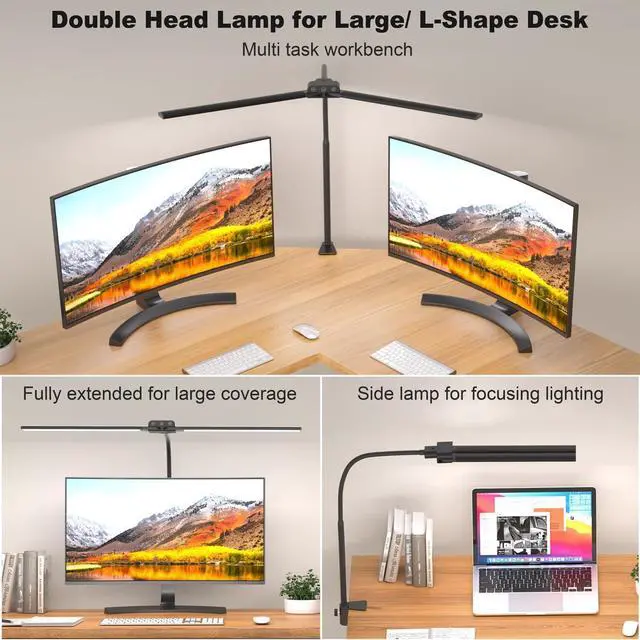 Alt view image 2 of 6 - KableRika Desk lamp,Double Head LED Desk Lamp with Clamp,Architect Desk Lights for Home Office,Eye-Caring Desktop Office Lamp 4-Brightness 4-Color Table Lamp for Monitor Workbench Study Reading