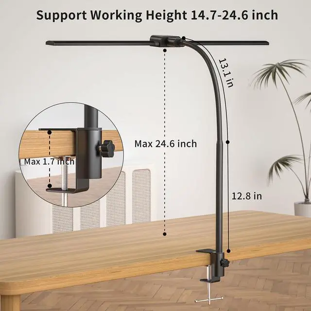 Alt view image 5 of 6 - KableRika Desk lamp,Double Head LED Desk Lamp with Clamp,Architect Desk Lights for Home Office,Eye-Caring Desktop Office Lamp 4-Brightness 4-Color Table Lamp for Monitor Workbench Study Reading