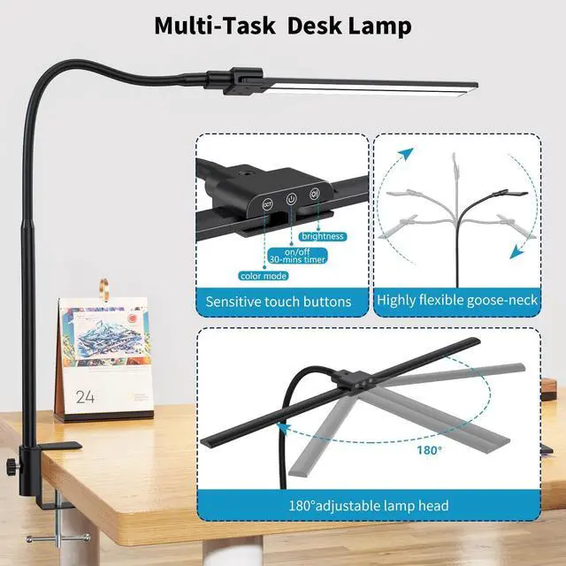 Alt view image 6 of 6 - KableRika Desk lamp,Double Head LED Desk Lamp with Clamp,Architect Desk Lights for Home Office,Eye-Caring Desktop Office Lamp 4-Brightness 4-Color Table Lamp for Monitor Workbench Study Reading