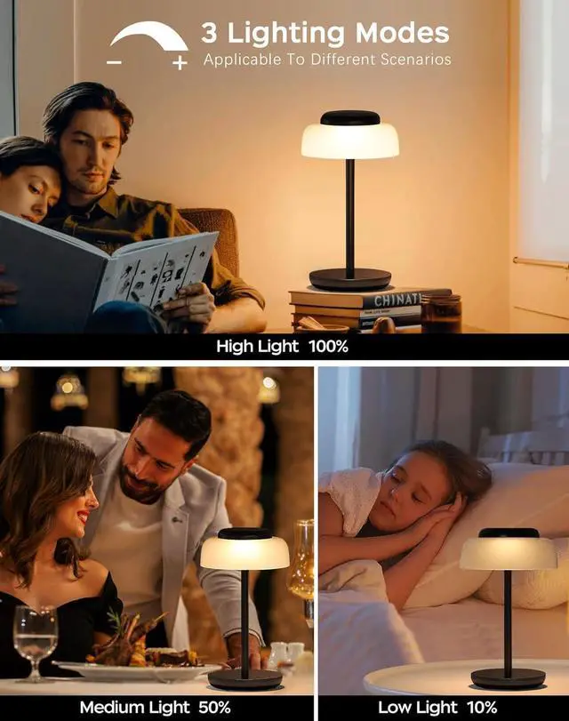 Alt view image 4 of 7 - QiMH Battery Operated LED Table Lamp, 2 Pack 5000mAh Cordless Desk Lamp with 3 Level Brightness Touch Control, Mini Rechargeable Night Light for Living Room, Bedroom, Outdoor bar (Black)